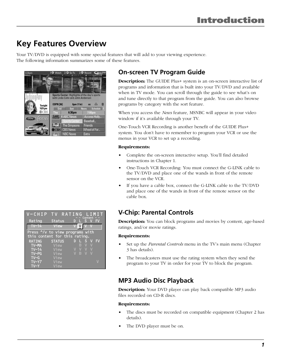 Introduction key features overview, On-screen tv program guide, V-chip: parental controls | Mp3 audio disc playback | RCA TruFlat BD20TF10 User Manual | Page 3 / 104