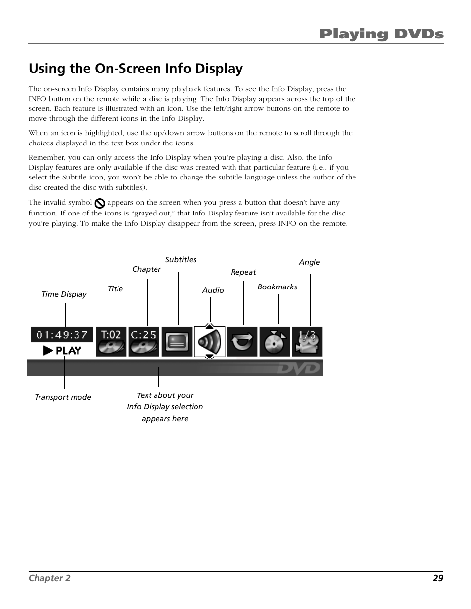 Playing dvds, Using the on-screen info display | RCA TruFlat BD20TF10 User Manual | Page 31 / 104