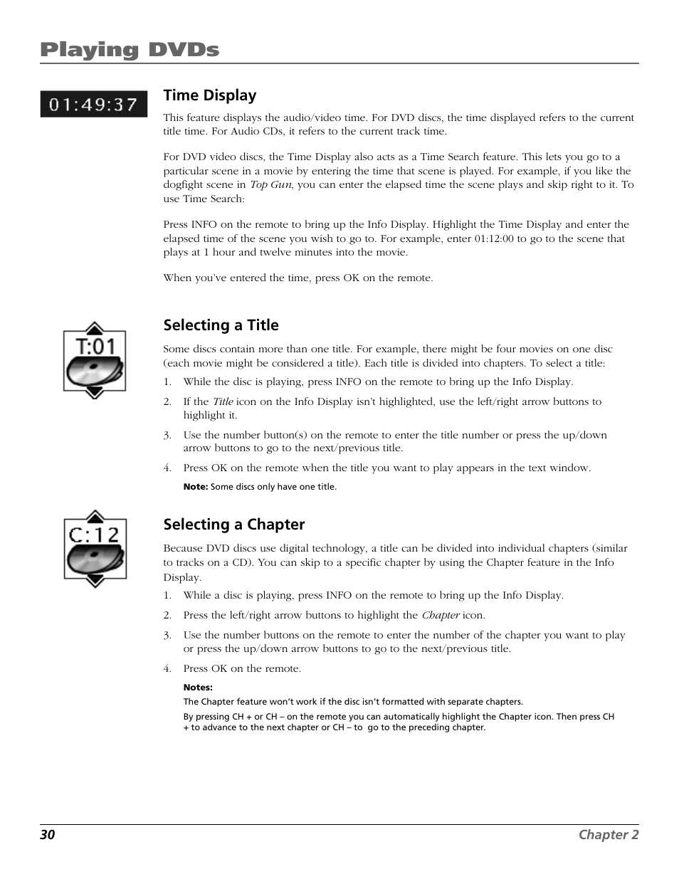 Playing dvds, Time display, Selecting a title | Selecting a chapter | RCA TruFlat BD20TF10 User Manual | Page 32 / 104