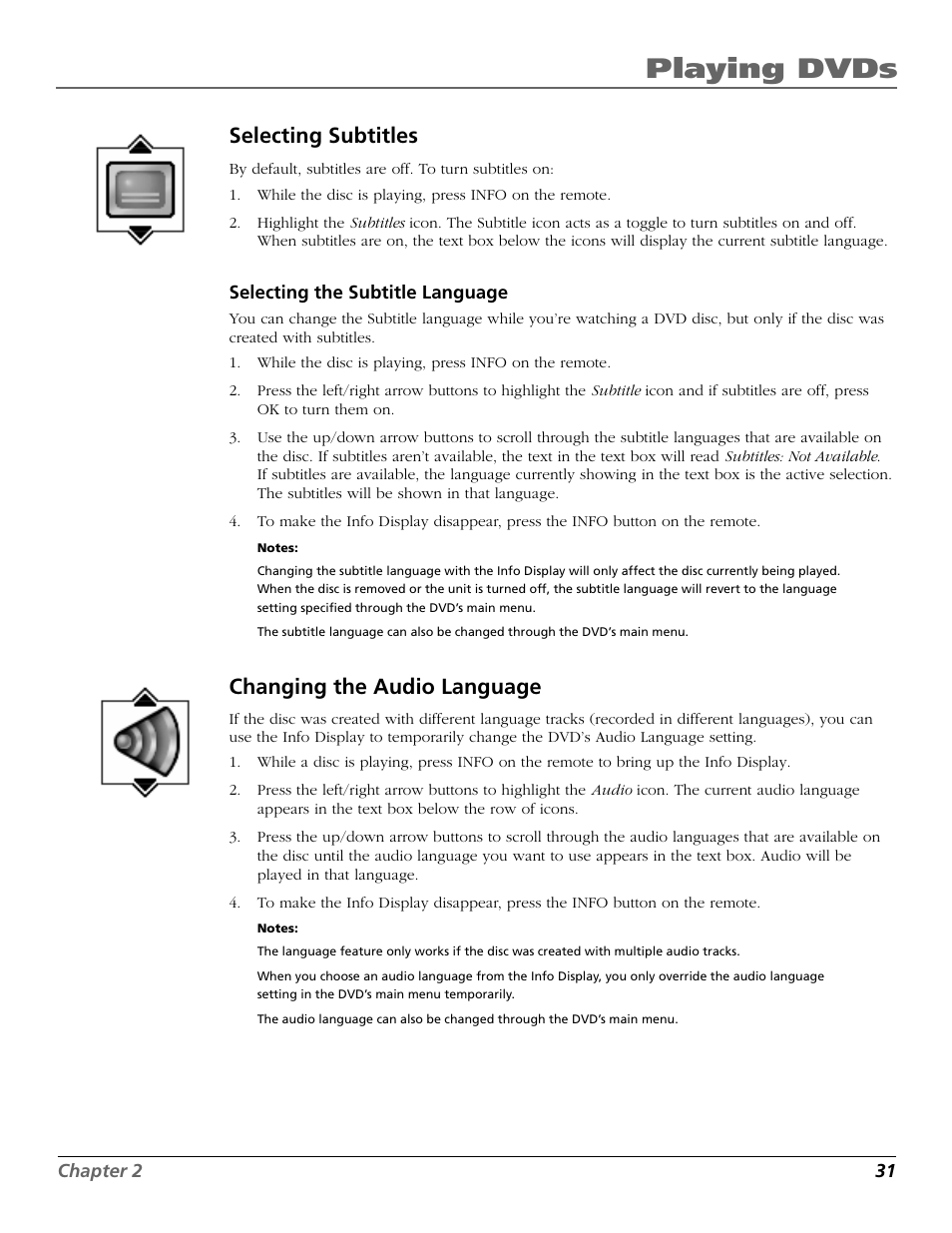 Playing dvds, Selecting subtitles, Changing the audio language | RCA TruFlat BD20TF10 User Manual | Page 33 / 104
