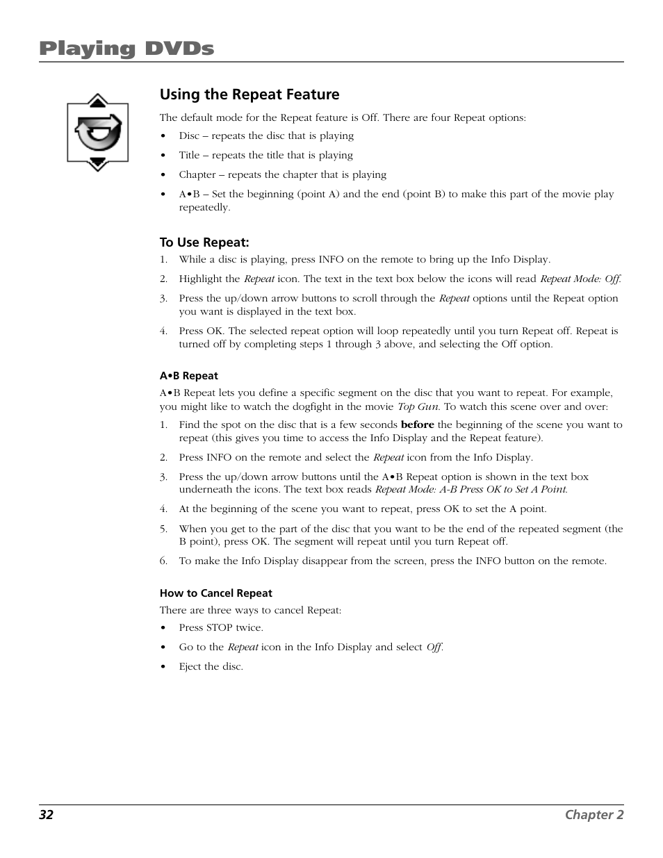 Playing dvds, Using the repeat feature | RCA TruFlat BD20TF10 User Manual | Page 34 / 104