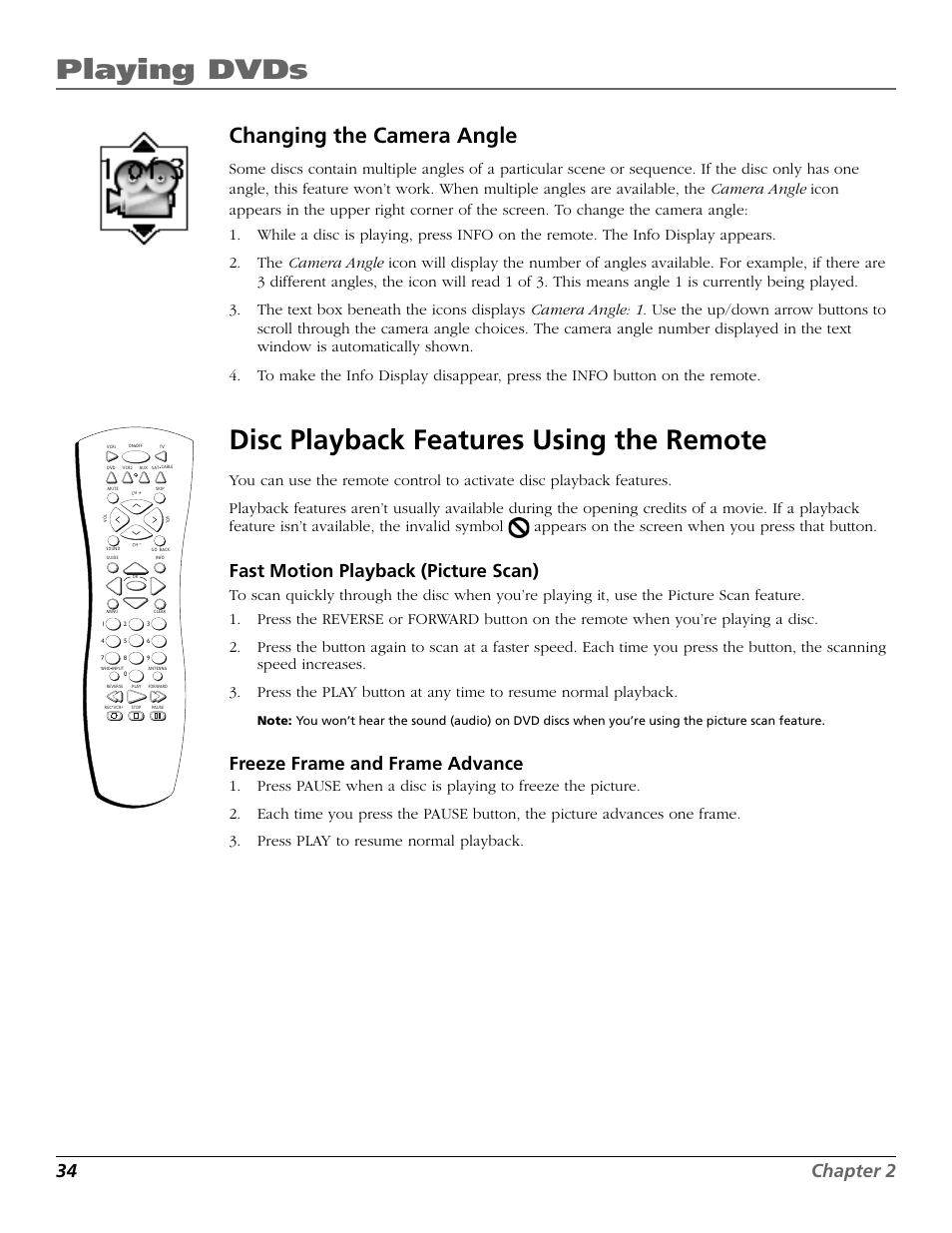 Playing dvds, Disc playback features using the remote, Changing the camera angle | 34 chapter 2, Fast motion playback (picture scan), Freeze frame and frame advance | RCA TruFlat BD20TF10 User Manual | Page 36 / 104
