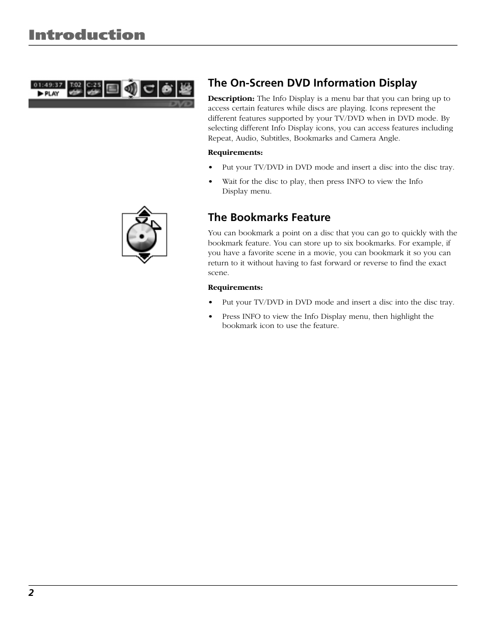 Introduction, The on-screen dvd information display, The bookmarks feature | RCA TruFlat BD20TF10 User Manual | Page 4 / 104