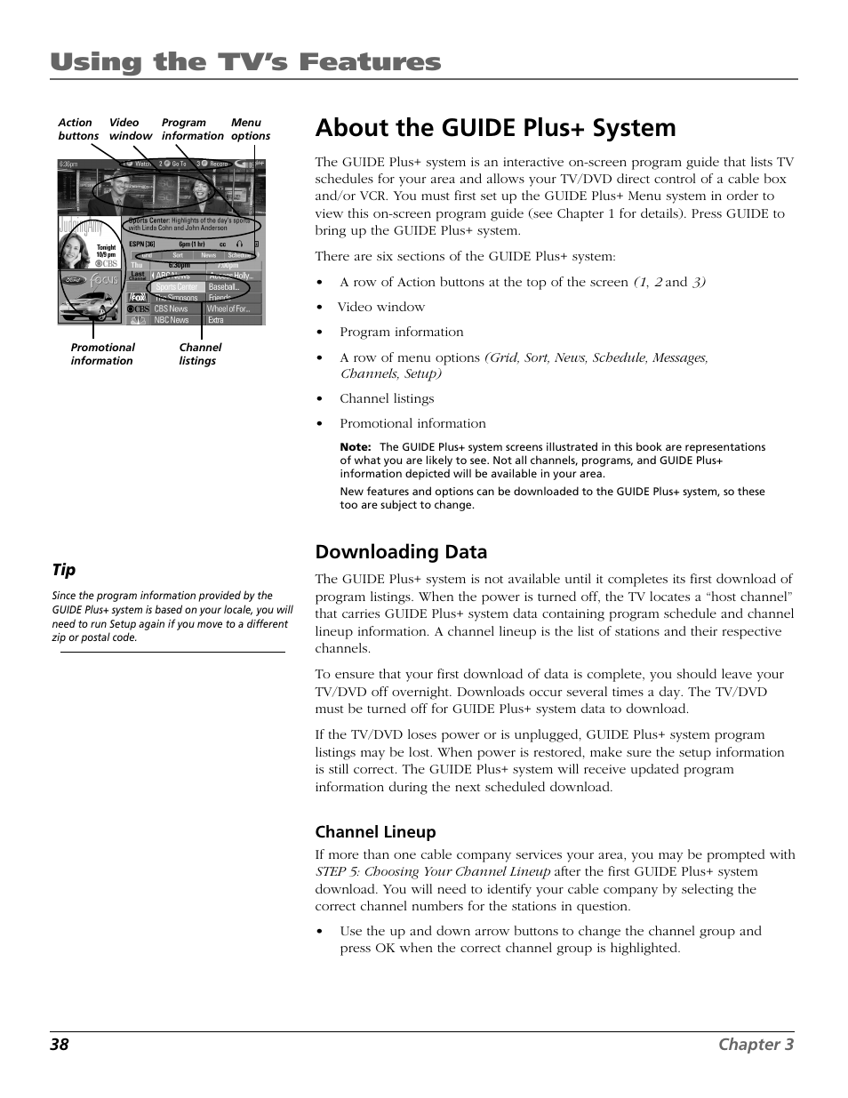 Using the tv’s features, About the guide plus+ system, Downloading data | RCA TruFlat BD20TF10 User Manual | Page 40 / 104