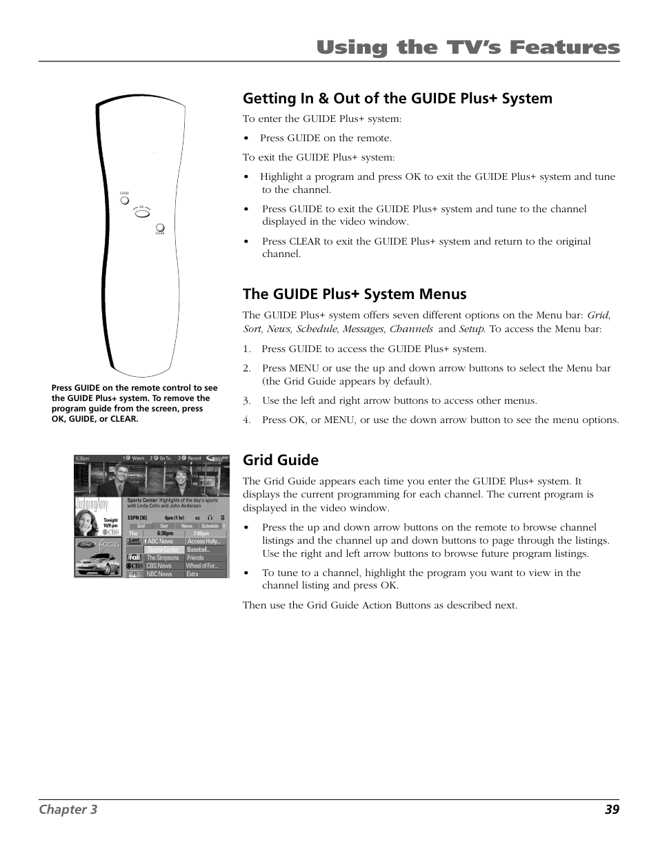 Using the tv’s features, Getting in & out of the guide plus+ system, The guide plus+ system menus | Grid guide | RCA TruFlat BD20TF10 User Manual | Page 41 / 104