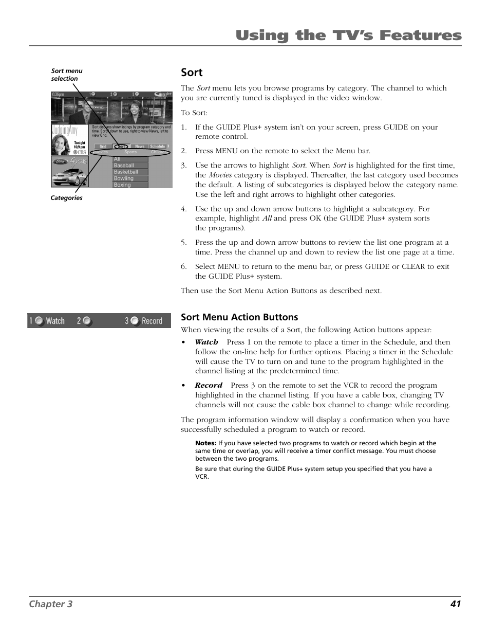 Using the tv’s features, Sort | RCA TruFlat BD20TF10 User Manual | Page 43 / 104