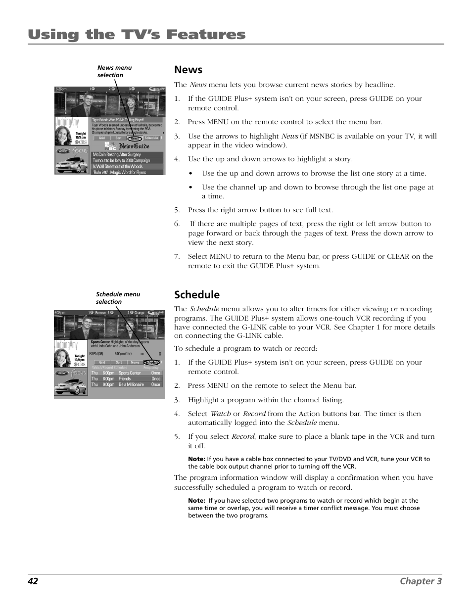 Using the tv’s features, News, Schedule | RCA TruFlat BD20TF10 User Manual | Page 44 / 104