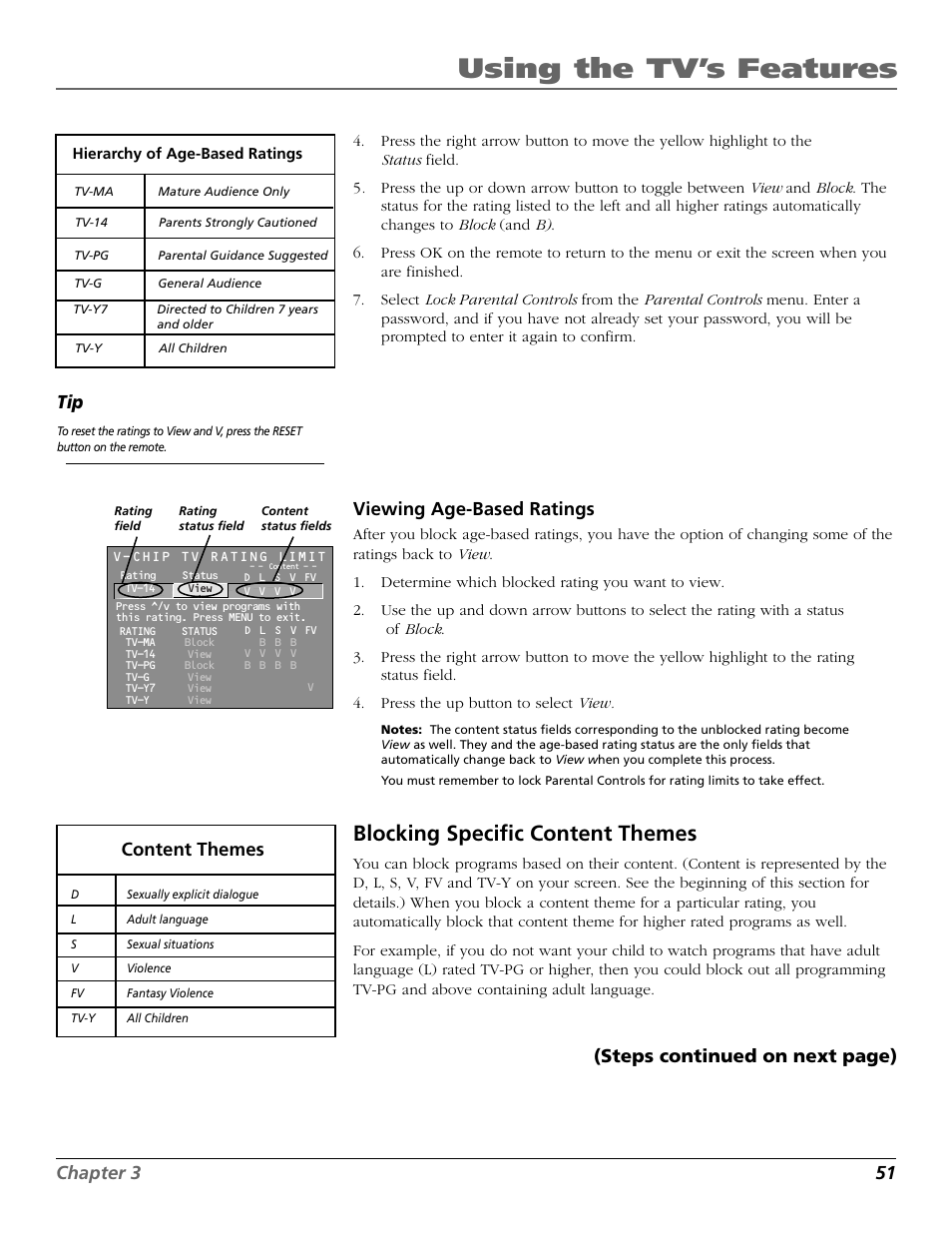 Using the tv’s features, Blocking specific content themes, Chapter 3 51 | Viewing age-based ratings, Content themes (steps continued on next page) | RCA TruFlat BD20TF10 User Manual | Page 53 / 104