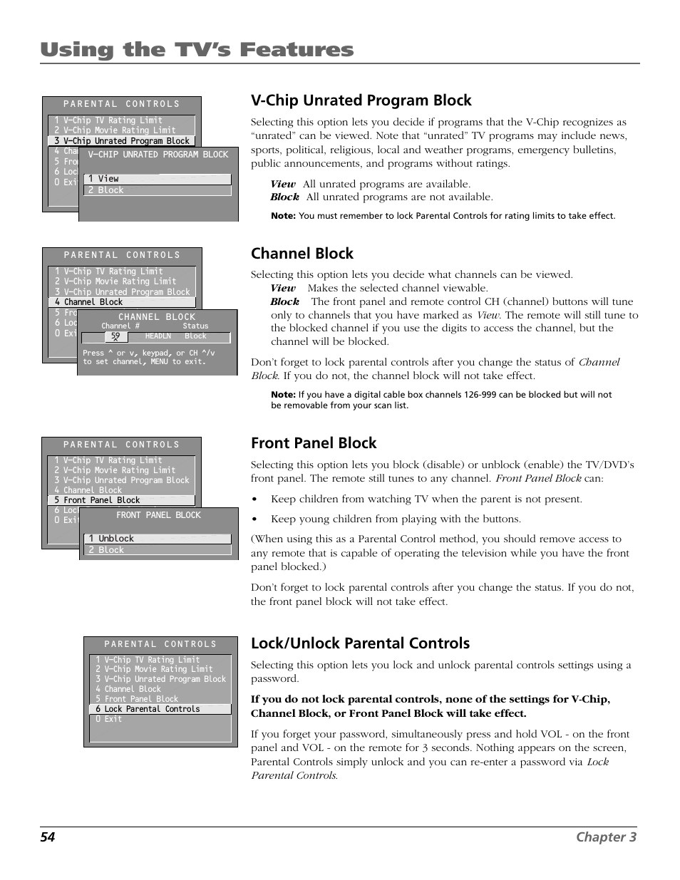Using the tv’s features, V-chip unrated program block, Channel block | Front panel block, Lock/unlock parental controls, 54 chapter 3 | RCA TruFlat BD20TF10 User Manual | Page 56 / 104