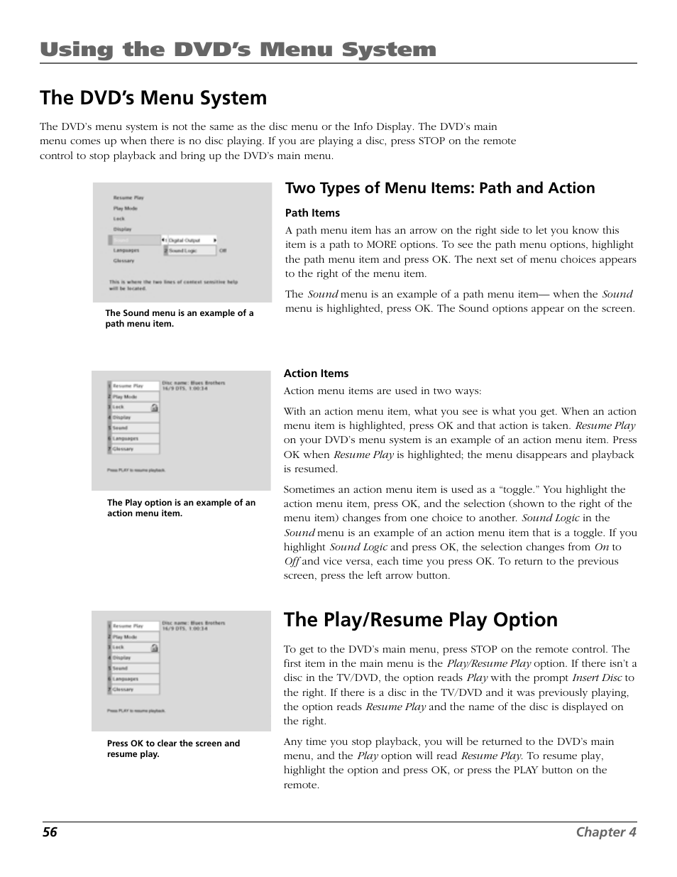 Using the dvd’s menu system, The dvd’s menu system, The play/resume play option | Two types of menu items: path and action | RCA TruFlat BD20TF10 User Manual | Page 58 / 104