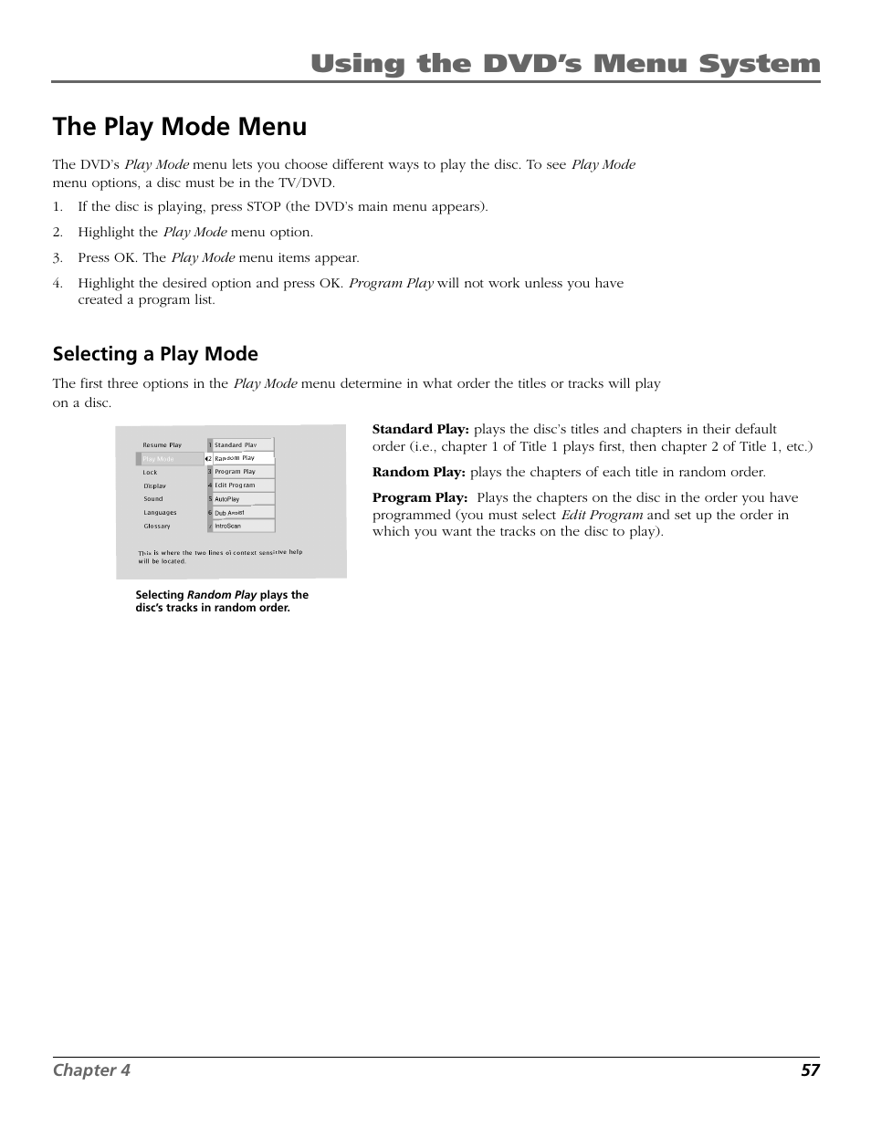 Using the dvd’s menu system the play mode menu, Selecting a play mode | RCA TruFlat BD20TF10 User Manual | Page 59 / 104