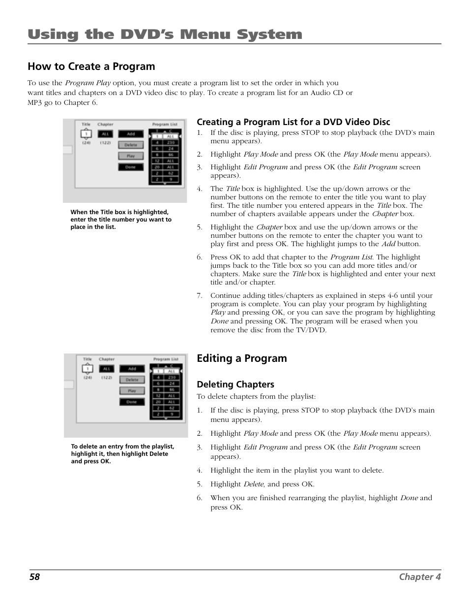 Using the dvd’s menu system, How to create a program, Editing a program | RCA TruFlat BD20TF10 User Manual | Page 60 / 104