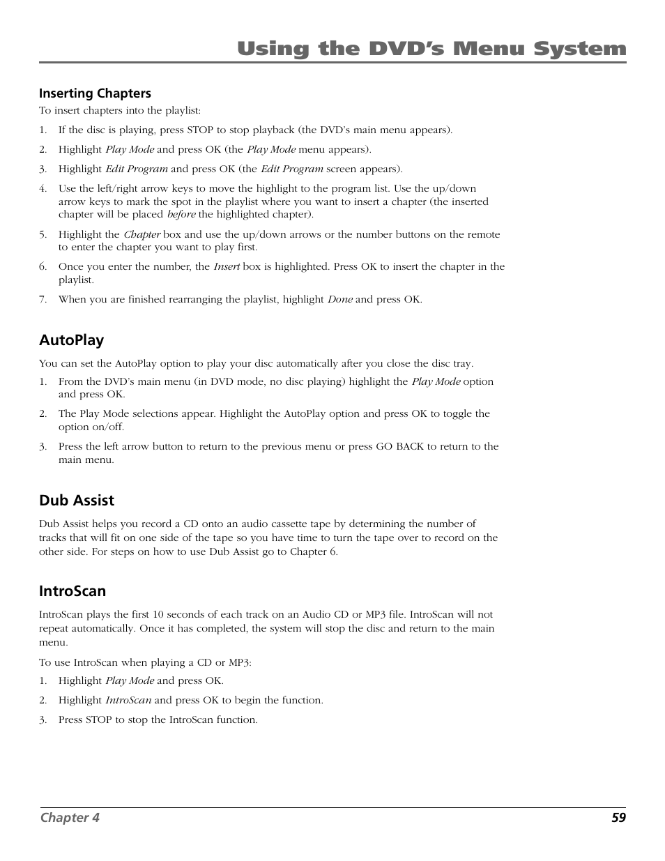 Using the dvd’s menu system, Autoplay, Dub assist | Introscan | RCA TruFlat BD20TF10 User Manual | Page 61 / 104