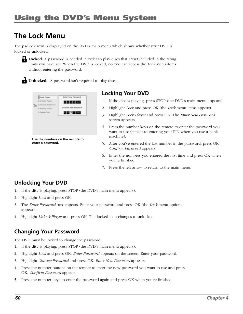 Using the dvd’s menu system, The lock menu, Locking your dvd | Unlocking your dvd, Changing your password | RCA TruFlat BD20TF10 User Manual | Page 62 / 104