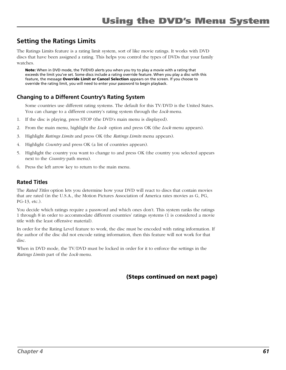 Using the dvd’s menu system, Setting the ratings limits | RCA TruFlat BD20TF10 User Manual | Page 63 / 104