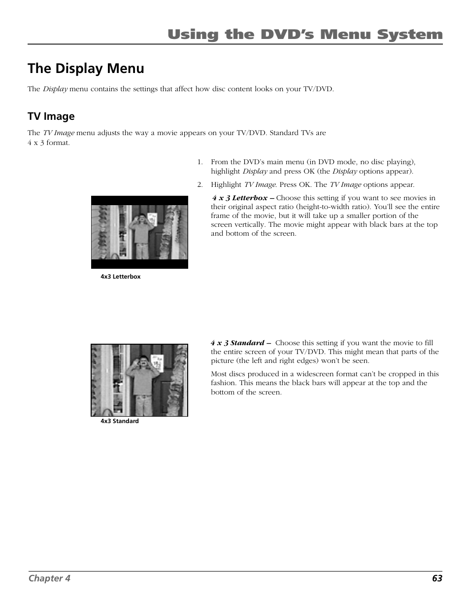 Using the dvd’s menu system the display menu, Tv image | RCA TruFlat BD20TF10 User Manual | Page 65 / 104