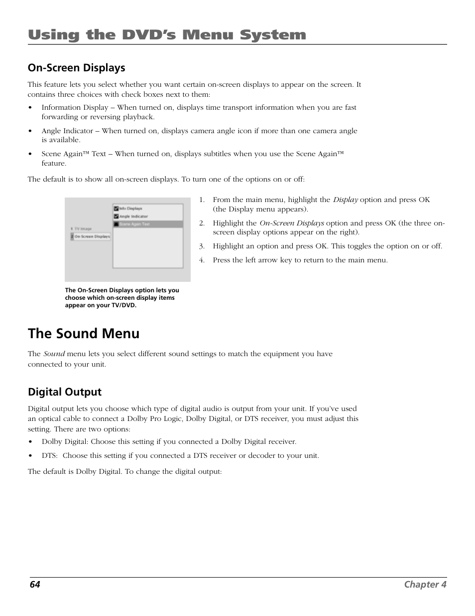 Using the dvd’s menu system, The sound menu, On-screen displays | Digital output | RCA TruFlat BD20TF10 User Manual | Page 66 / 104