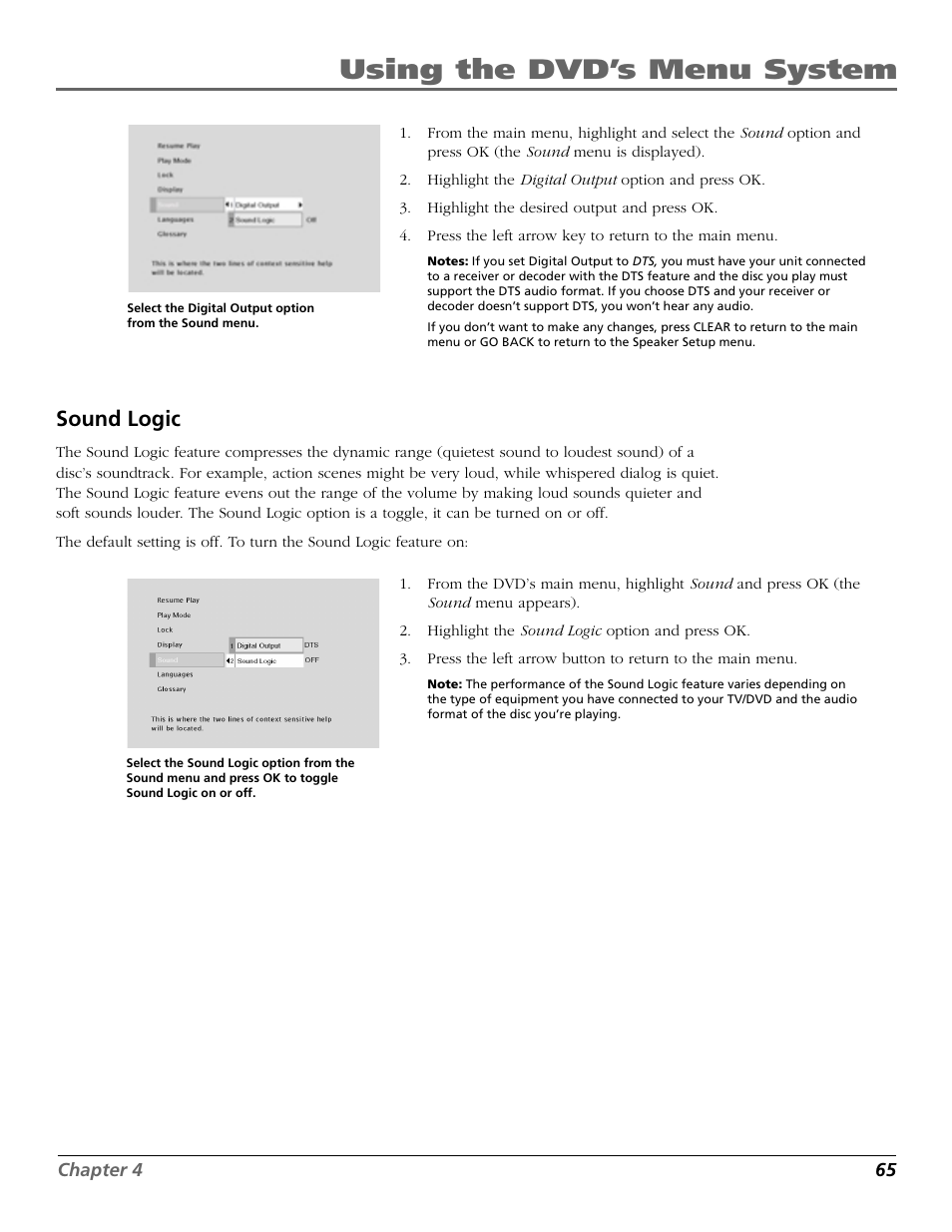 Using the dvd’s menu system, Sound logic | RCA TruFlat BD20TF10 User Manual | Page 67 / 104