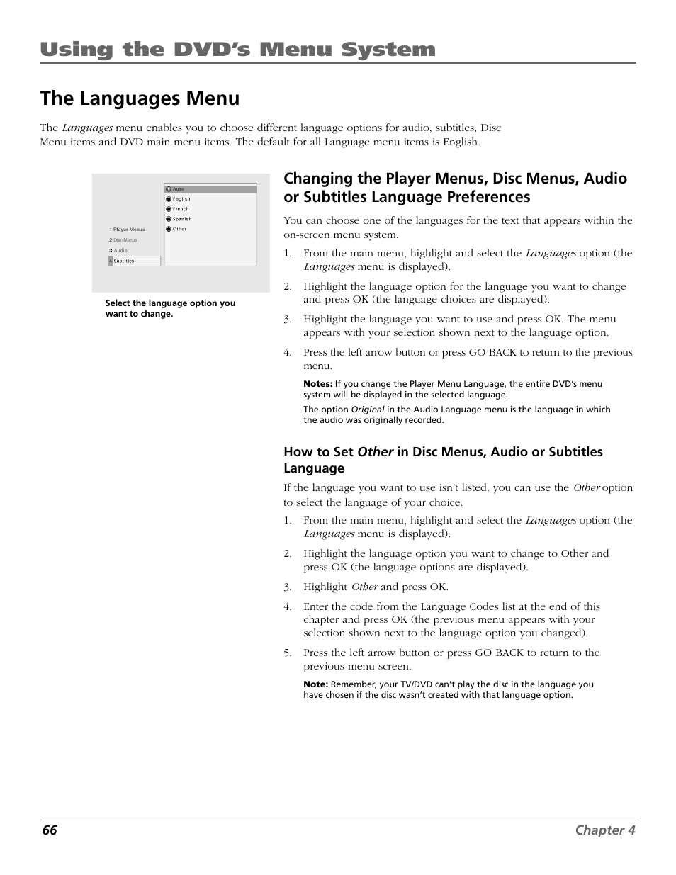 Using the dvd’s menu system, The languages menu | RCA TruFlat BD20TF10 User Manual | Page 68 / 104