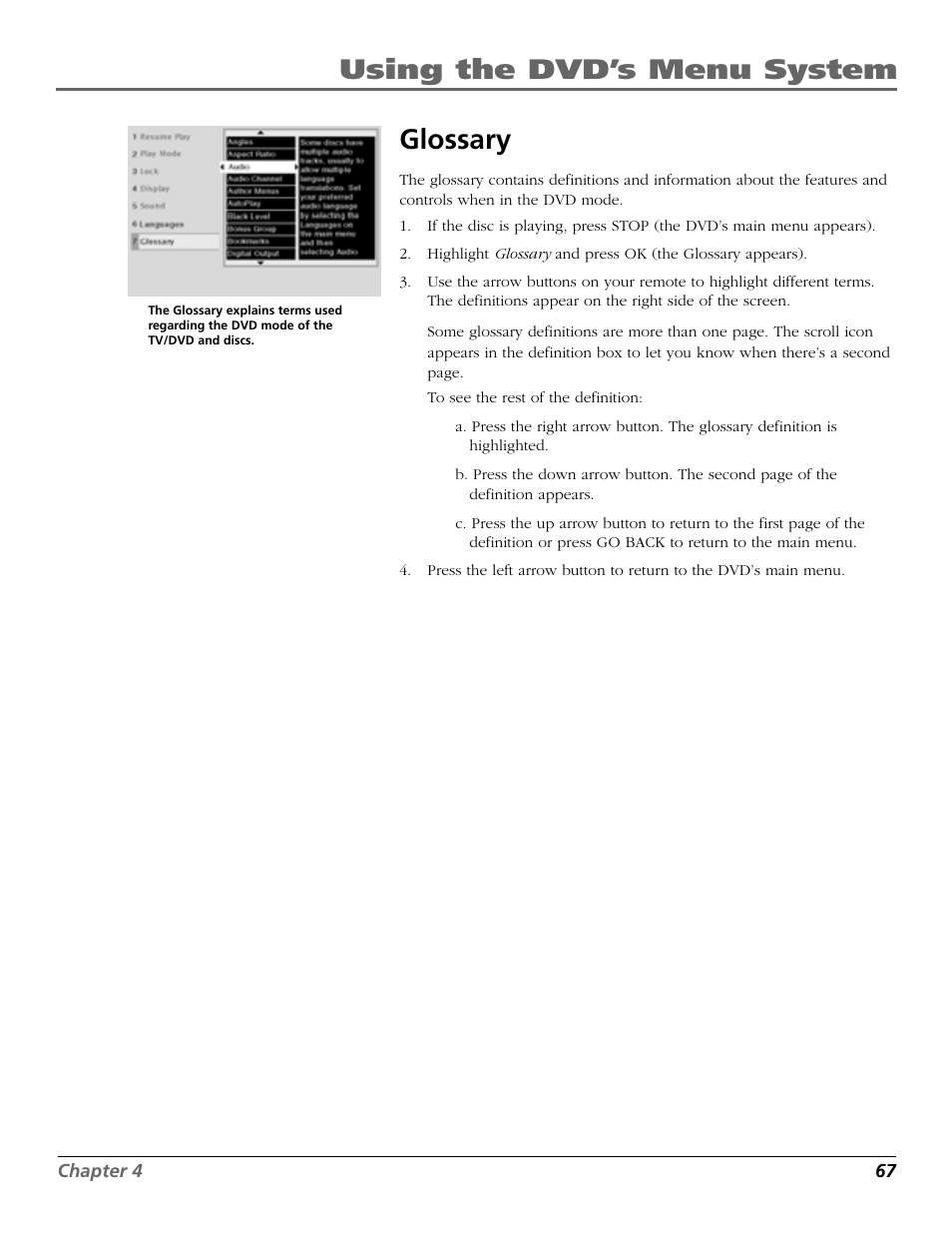 Using the dvd’s menu system glossary | RCA TruFlat BD20TF10 User Manual | Page 69 / 104
