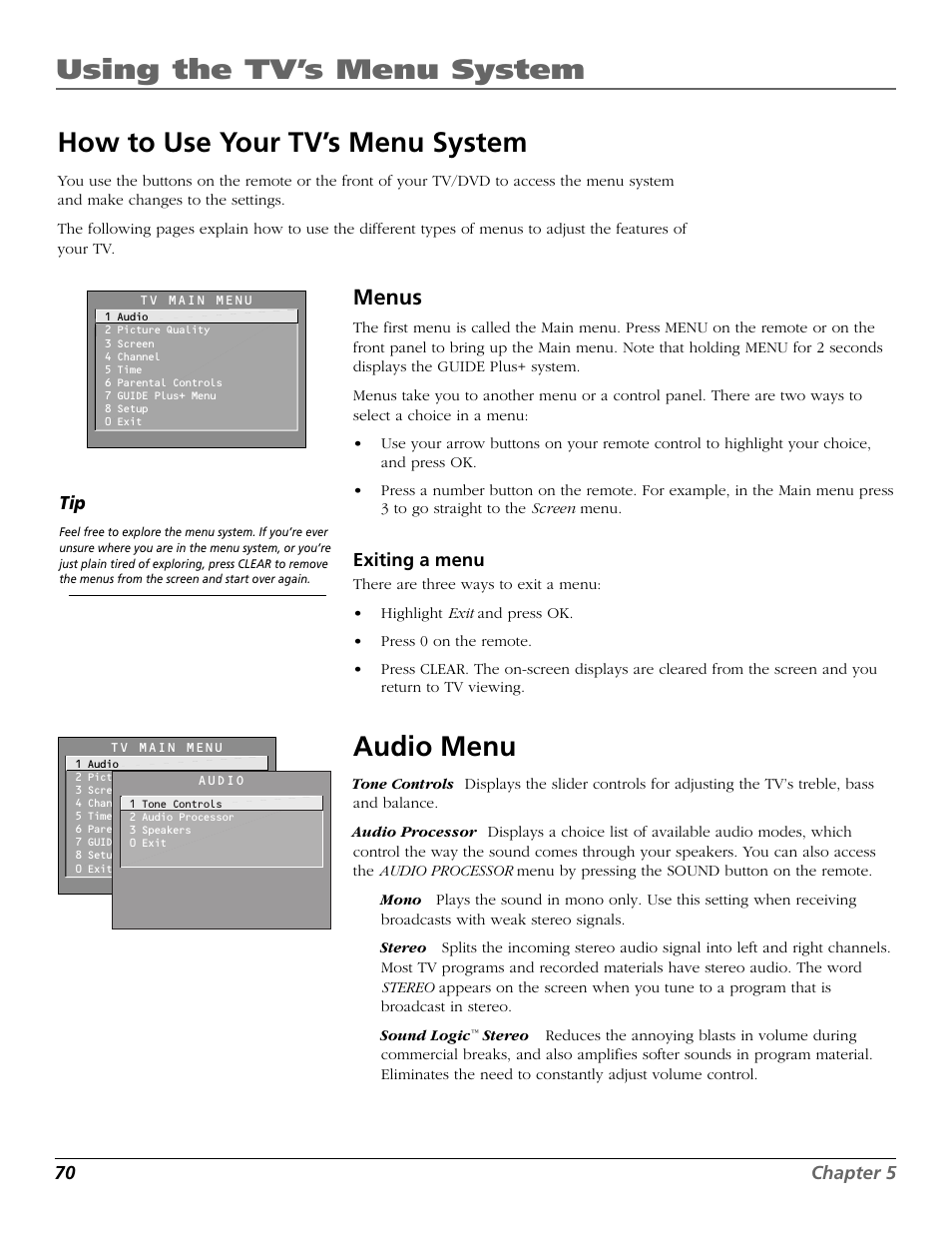 Using the tv’s menu system, How to use your tv’s menu system, Audio menu | Menus | RCA TruFlat BD20TF10 User Manual | Page 72 / 104