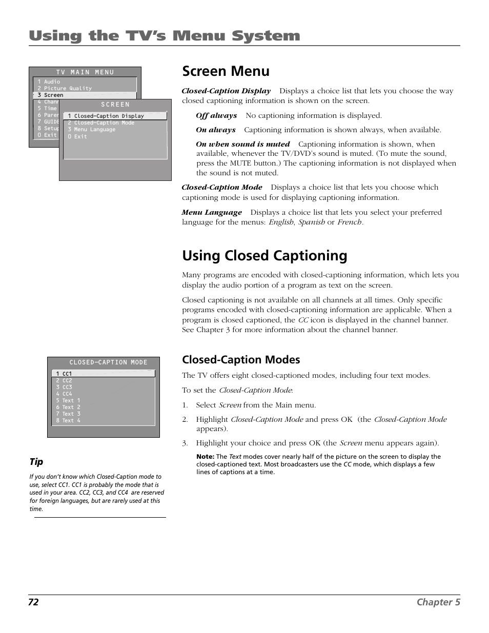 Using the tv’s menu system screen menu, Using closed captioning, Closed-caption modes | RCA TruFlat BD20TF10 User Manual | Page 74 / 104