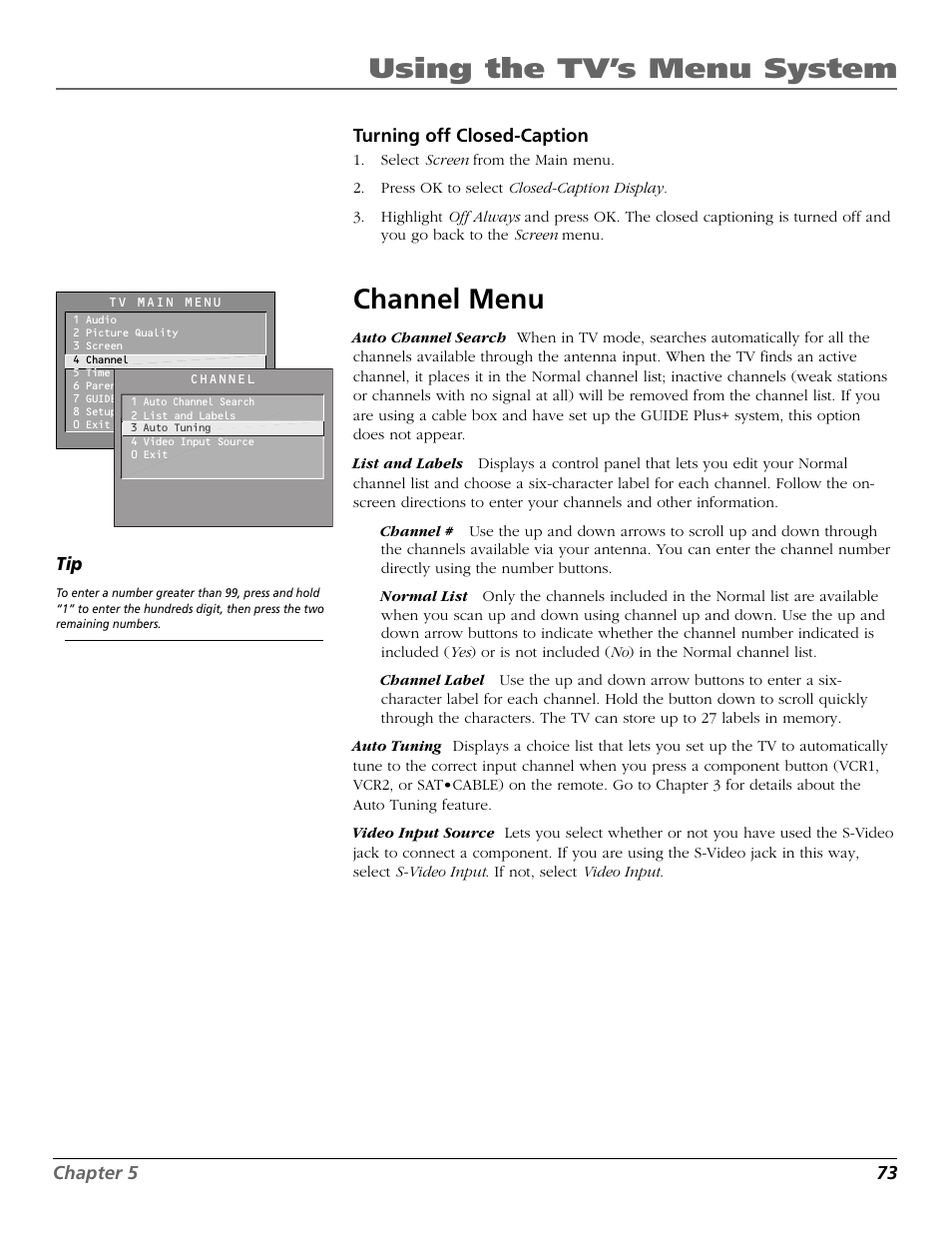 Using the tv’s menu system, Channel menu | RCA TruFlat BD20TF10 User Manual | Page 75 / 104