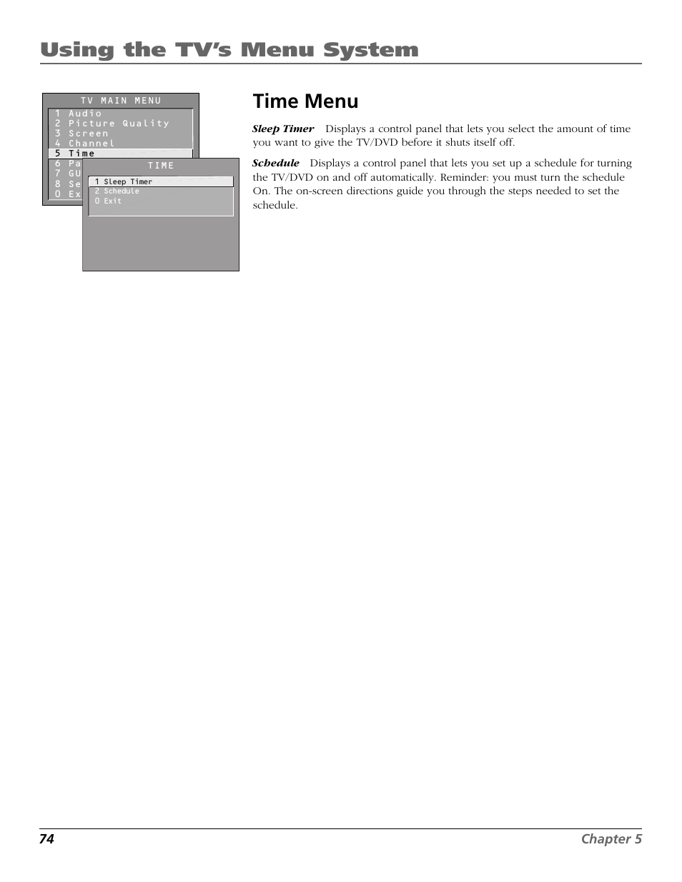 Using the tv’s menu system, Time menu | RCA TruFlat BD20TF10 User Manual | Page 76 / 104