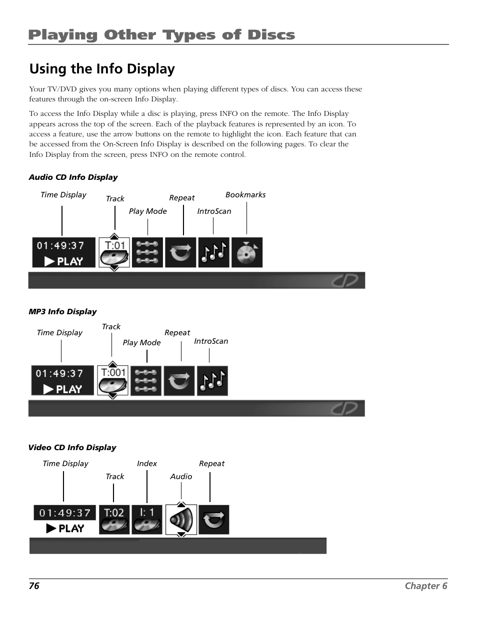 Playing other types of discs, Using the info display | RCA TruFlat BD20TF10 User Manual | Page 78 / 104