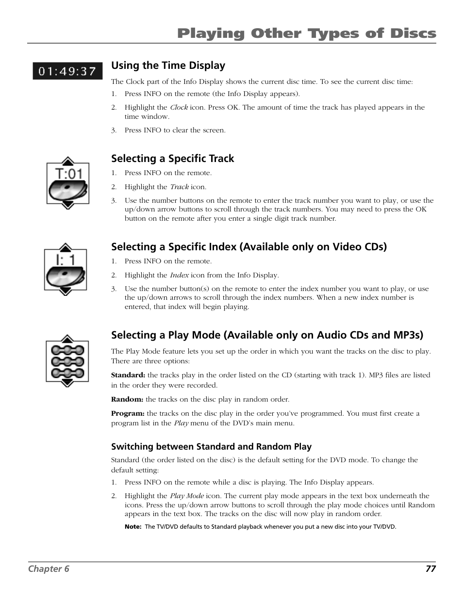 Playing other types of discs, Using the time display, Selecting a specific track | RCA TruFlat BD20TF10 User Manual | Page 79 / 104