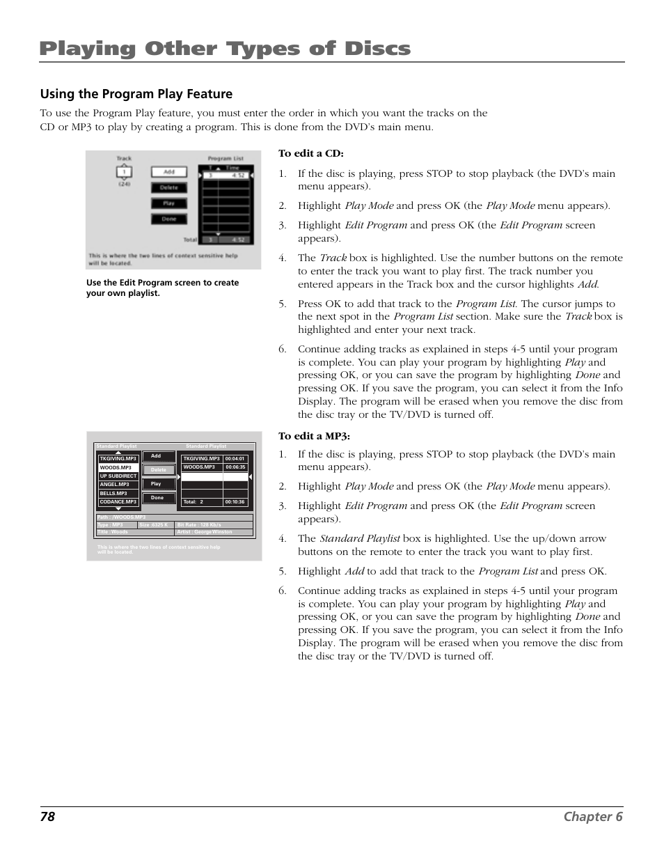 Playing other types of discs, 78 chapter 6, Using the program play feature | RCA TruFlat BD20TF10 User Manual | Page 80 / 104