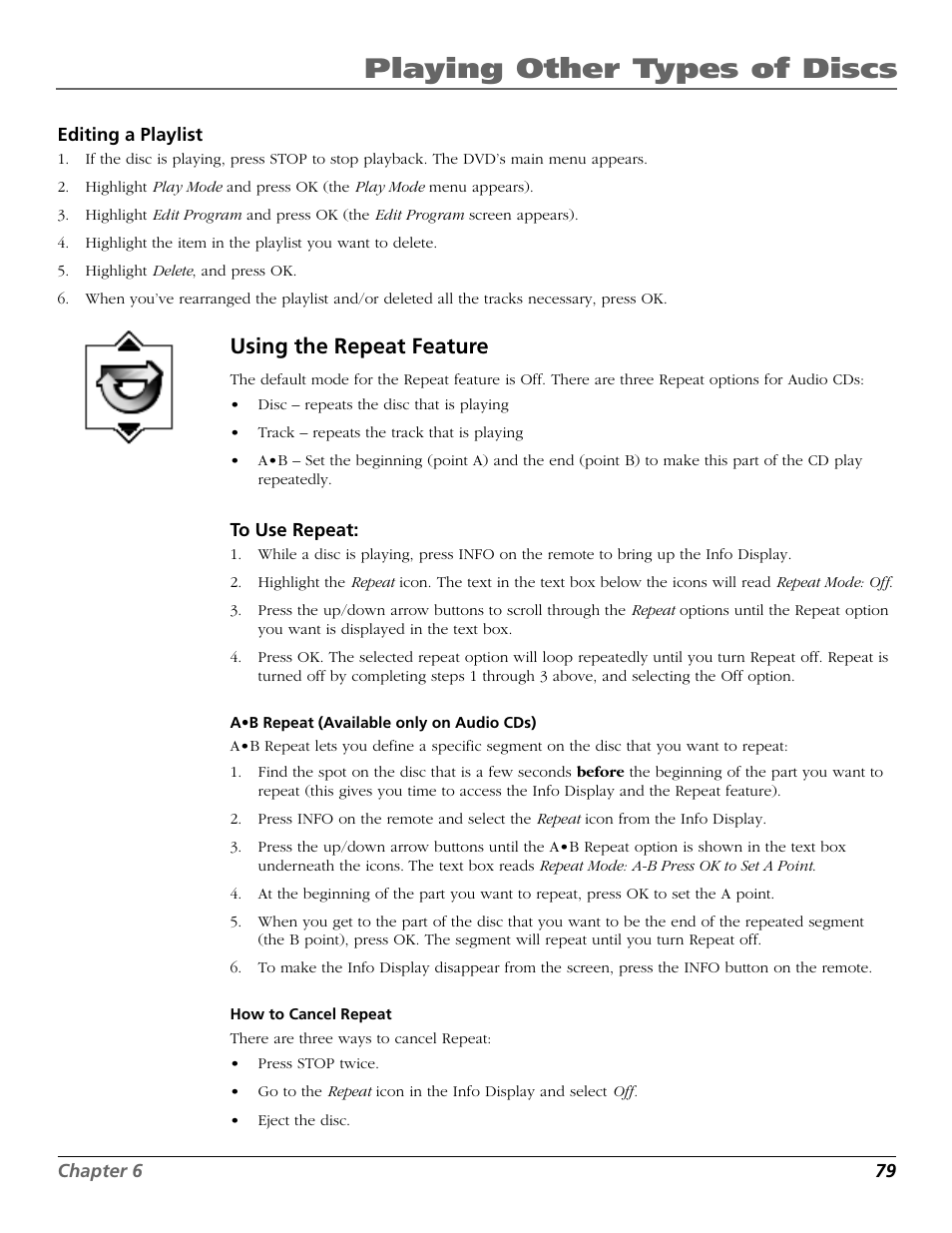 Playing other types of discs, Using the repeat feature | RCA TruFlat BD20TF10 User Manual | Page 81 / 104
