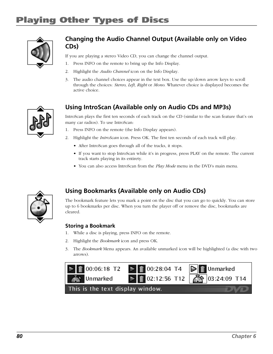 Playing other types of discs, Using bookmarks (available only on audio cds) | RCA TruFlat BD20TF10 User Manual | Page 82 / 104