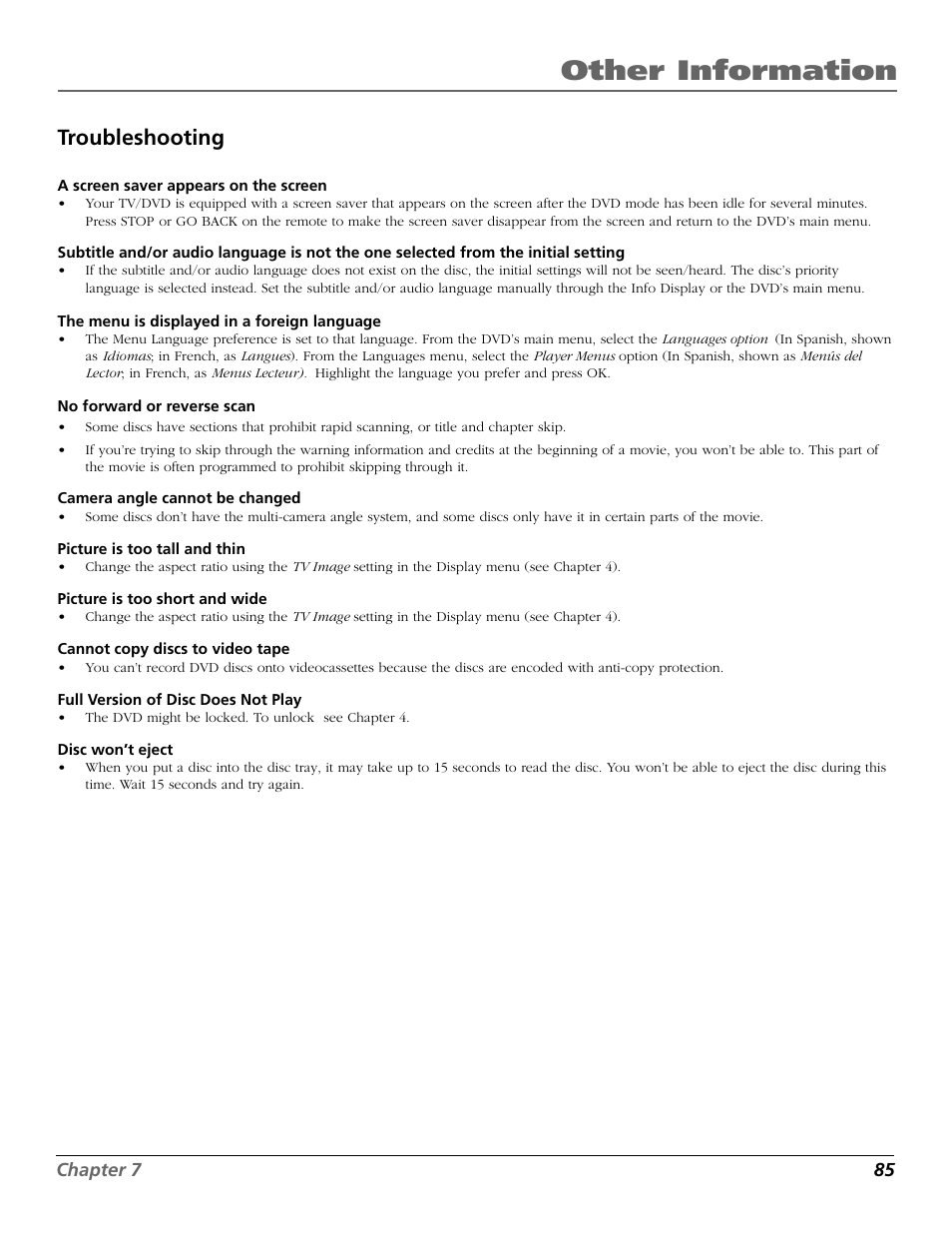 Other information, Troubleshooting | RCA TruFlat BD20TF10 User Manual | Page 87 / 104