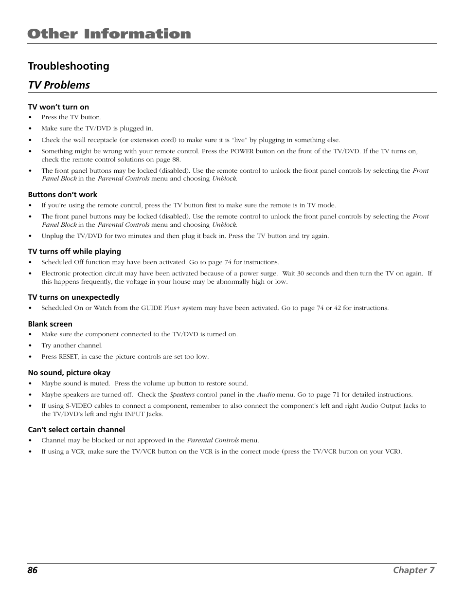 Other information, Troubleshooting tv problems | RCA TruFlat BD20TF10 User Manual | Page 88 / 104