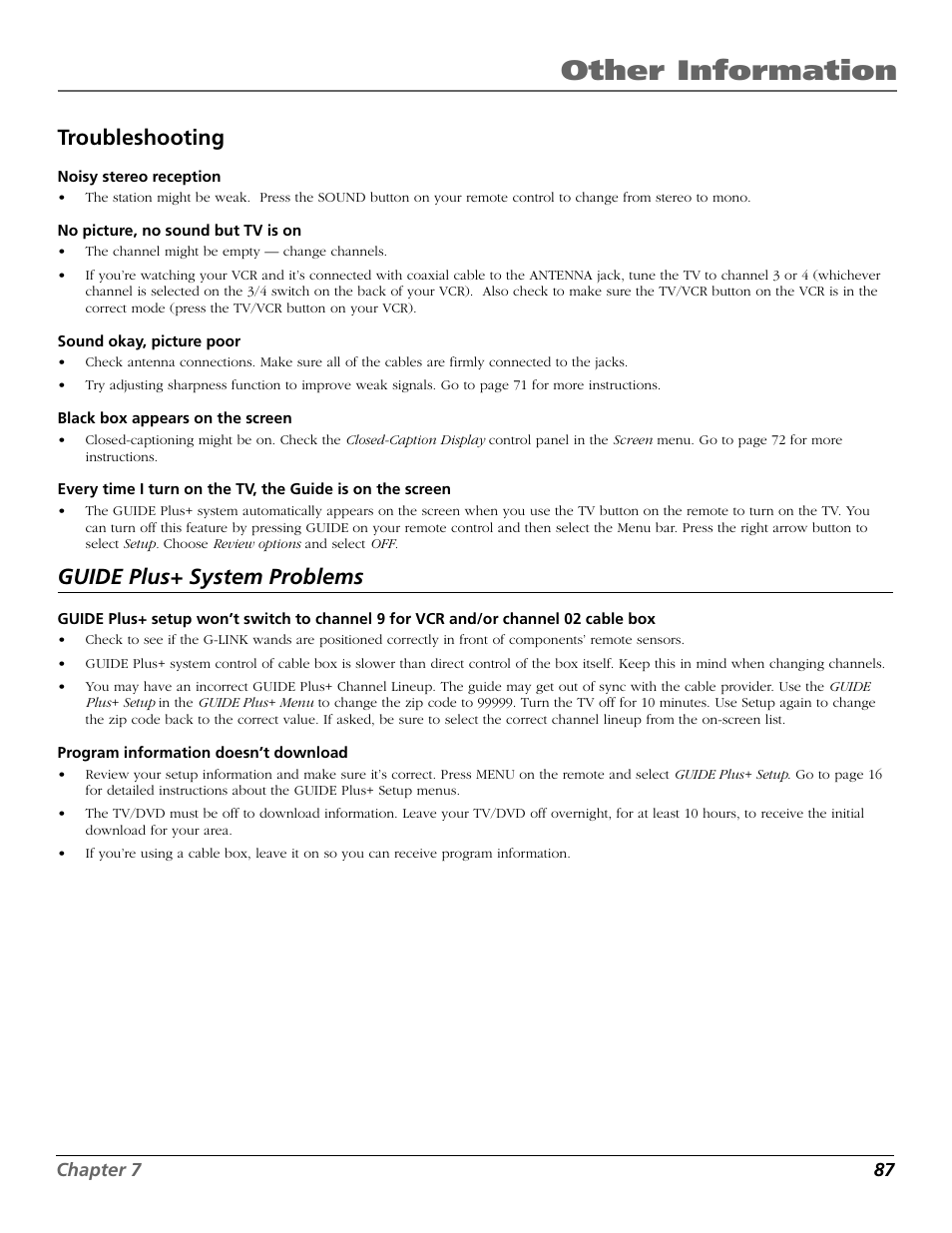 Other information, Troubleshooting, Guide plus+ system problems | RCA TruFlat BD20TF10 User Manual | Page 89 / 104