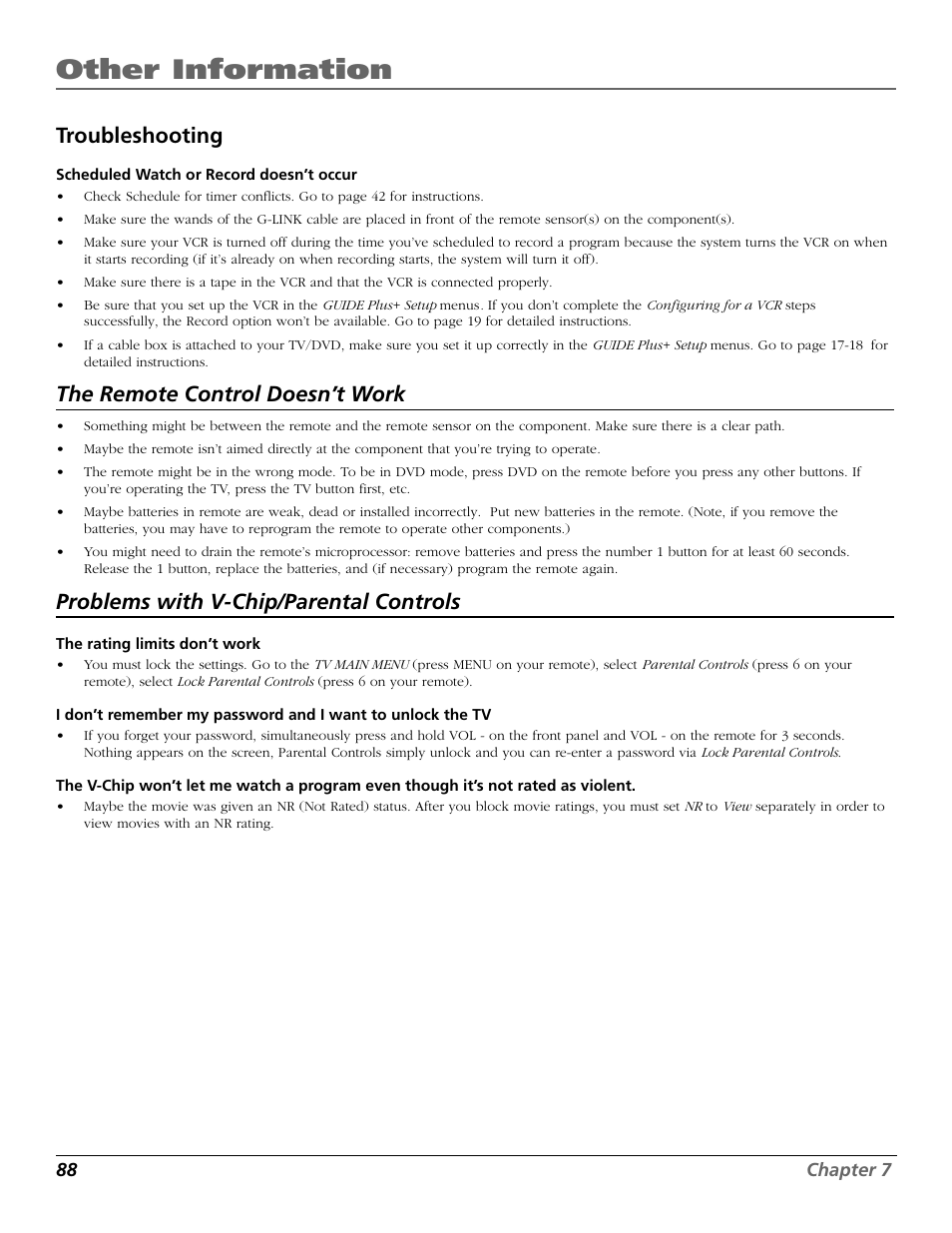 Other information, Troubleshooting, The remote control doesn’t work | Problems with v-chip/parental controls | RCA TruFlat BD20TF10 User Manual | Page 90 / 104