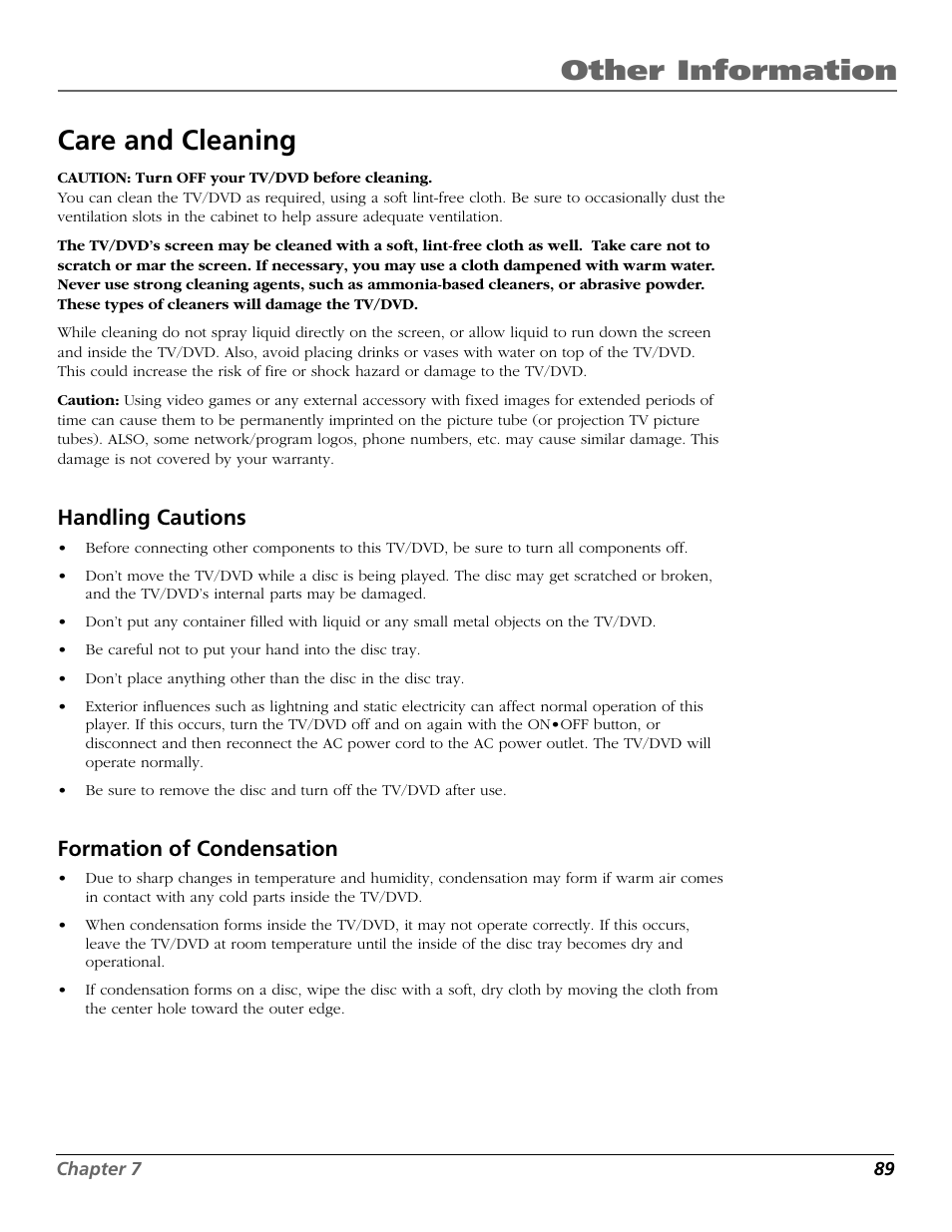 Other information, Care and cleaning, Handling cautions | Formation of condensation | RCA TruFlat BD20TF10 User Manual | Page 91 / 104