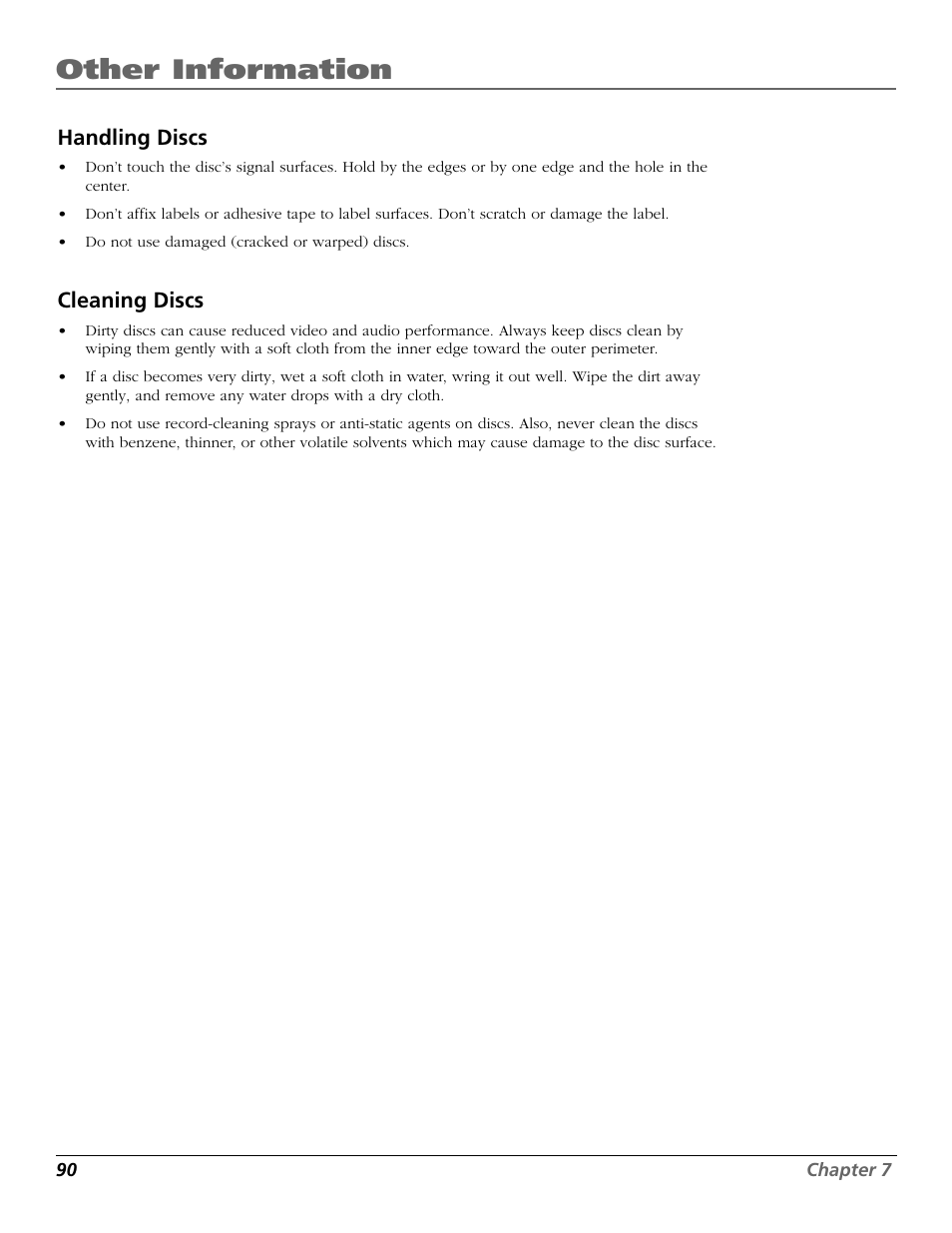 Other information, Handling discs, Cleaning discs | RCA TruFlat BD20TF10 User Manual | Page 92 / 104