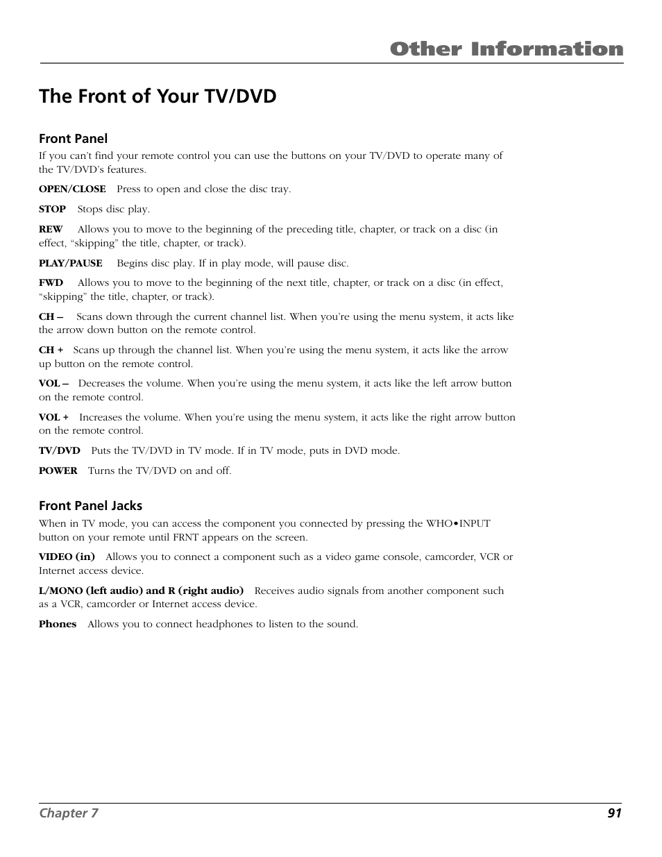 Other information, The front of your tv/dvd | RCA TruFlat BD20TF10 User Manual | Page 93 / 104