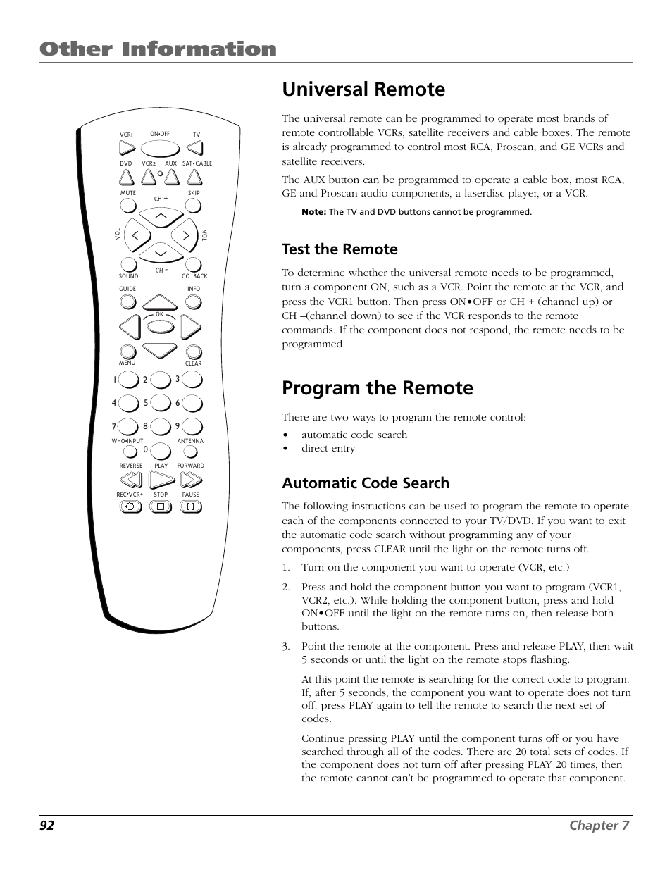 Other information, Universal remote, Program the remote | Test the remote, Automatic code search, 92 chapter 7 | RCA TruFlat BD20TF10 User Manual | Page 94 / 104