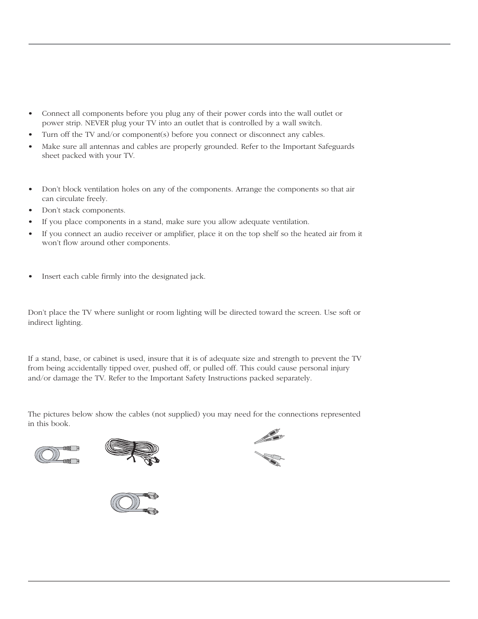 Connections & setup, Things to consider before you connect, Protect against power surges | Protect components from overheating, Use indirect light, Using a stand | RCA SCENIUM HDTV with DLP technology High-Definition Television User Manual | Page 10 / 80