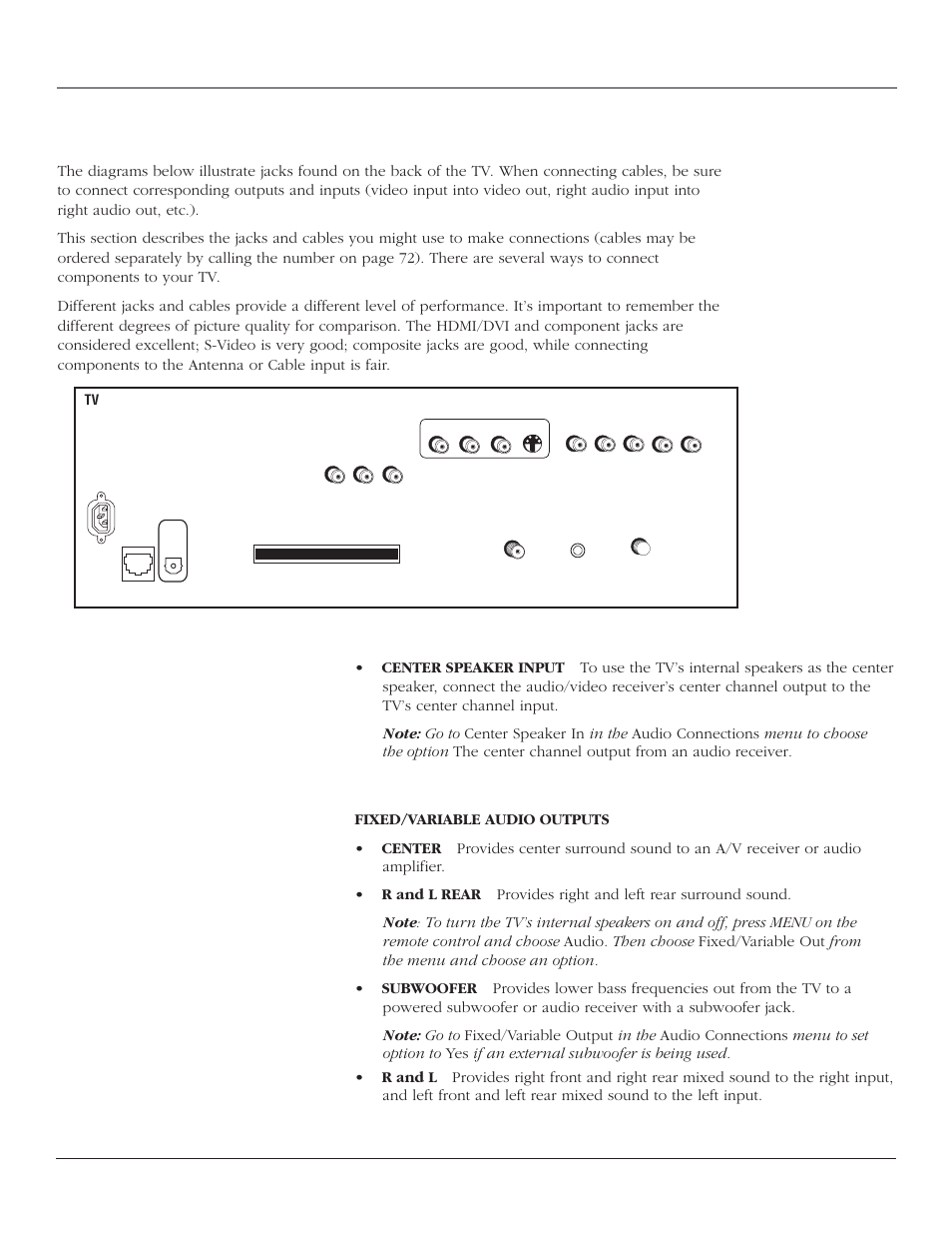 Connections & setup, Explanation of jacks and cables, 10 chapter 1 | Speakers, Audio/video outputs | RCA SCENIUM HDTV with DLP technology High-Definition Television User Manual | Page 12 / 80