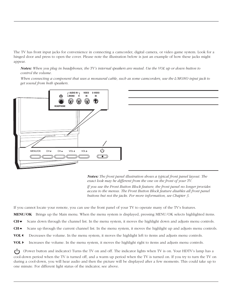 Connections & setup, The front of your tv, Front input jacks | Front panel, 14 chapter 1 | RCA SCENIUM HDTV with DLP technology High-Definition Television User Manual | Page 16 / 80