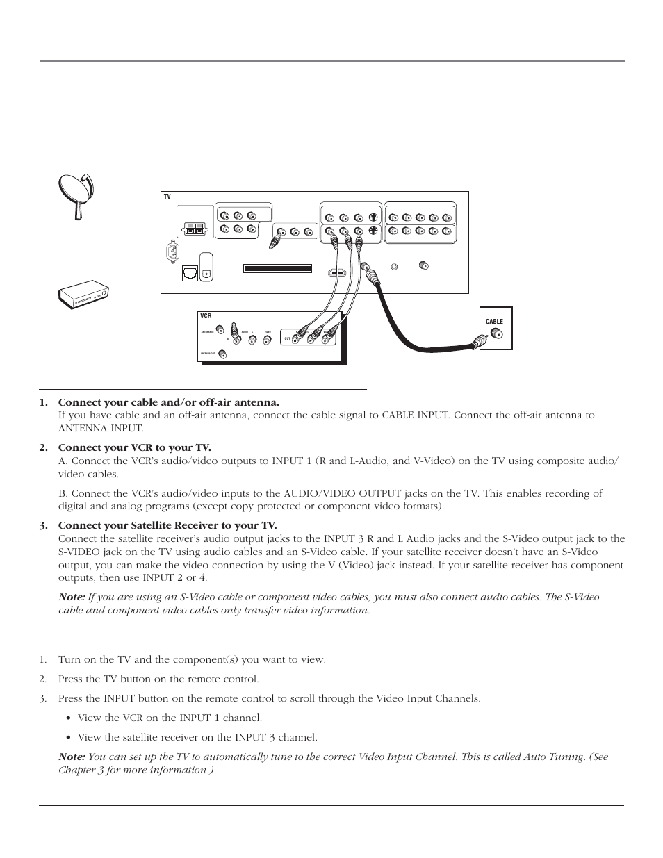 Connections & setup, How to connect: tv + satellite receiver + vcr, Go to page 21 | 16 chapter 1, Viewing the components, Satellite receiver vcr | RCA SCENIUM HDTV with DLP technology High-Definition Television User Manual | Page 18 / 80