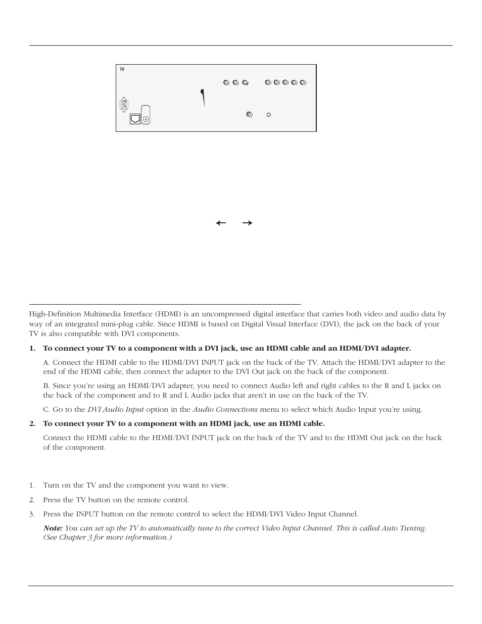 Connections & setup, How to connect: tv + component with dvi or hdmi, Go to page 21 | Chapter 1 17, Viewing the component | RCA SCENIUM HDTV with DLP technology High-Definition Television User Manual | Page 19 / 80