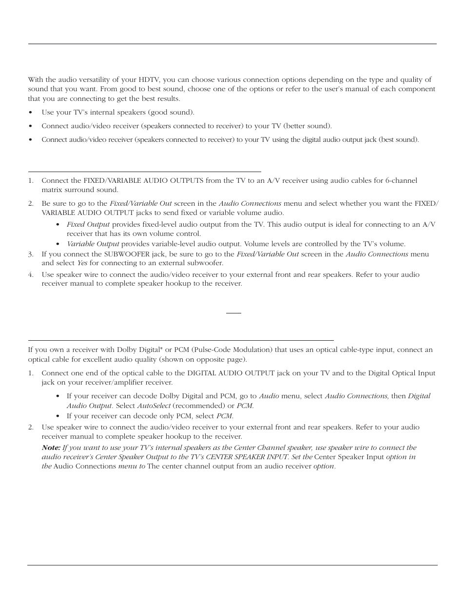 Connections & setup, Audio connections, How to connect: tv + a/v receiver + speakers | Go to following page for connection diagram | RCA SCENIUM HDTV with DLP technology High-Definition Television User Manual | Page 21 / 80