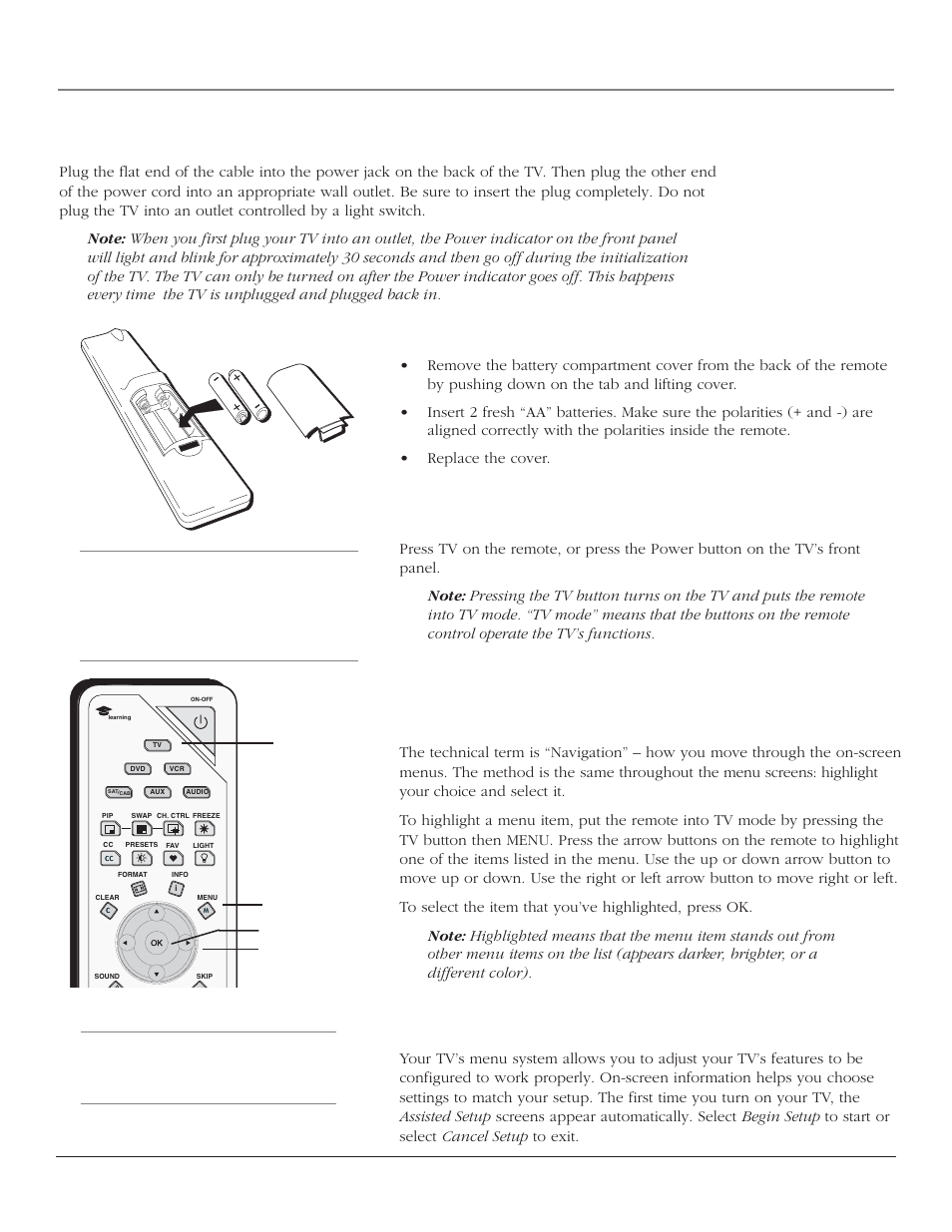 Connections & setup, Plug in the tv, Put batteries in the remote | Turn on the tv, Complete the assisted setup, Chapter 1 21 | RCA SCENIUM HDTV with DLP technology High-Definition Television User Manual | Page 23 / 80