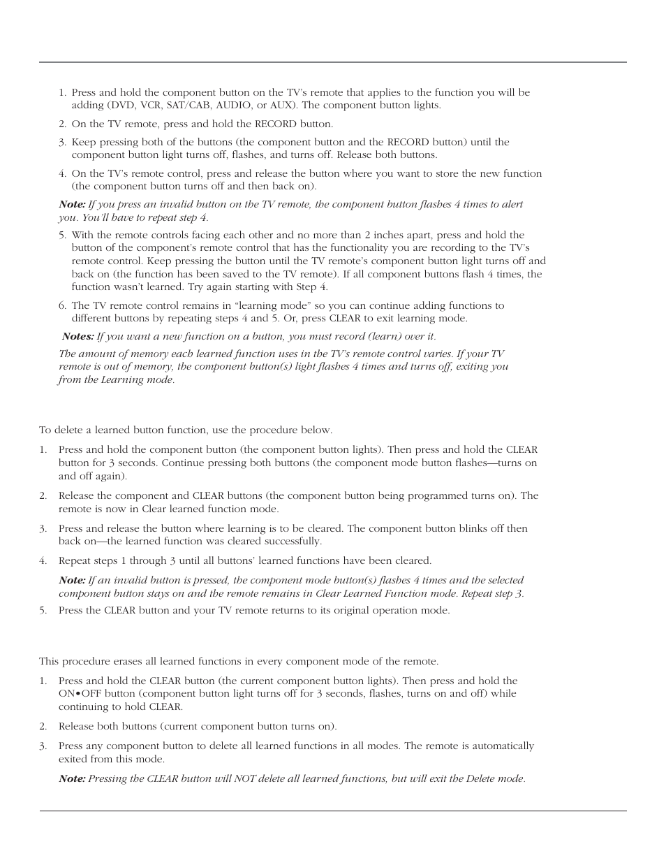 Using the remote control, Clearing a learned function, Deleting all learned functions | RCA SCENIUM HDTV with DLP technology High-Definition Television User Manual | Page 31 / 80