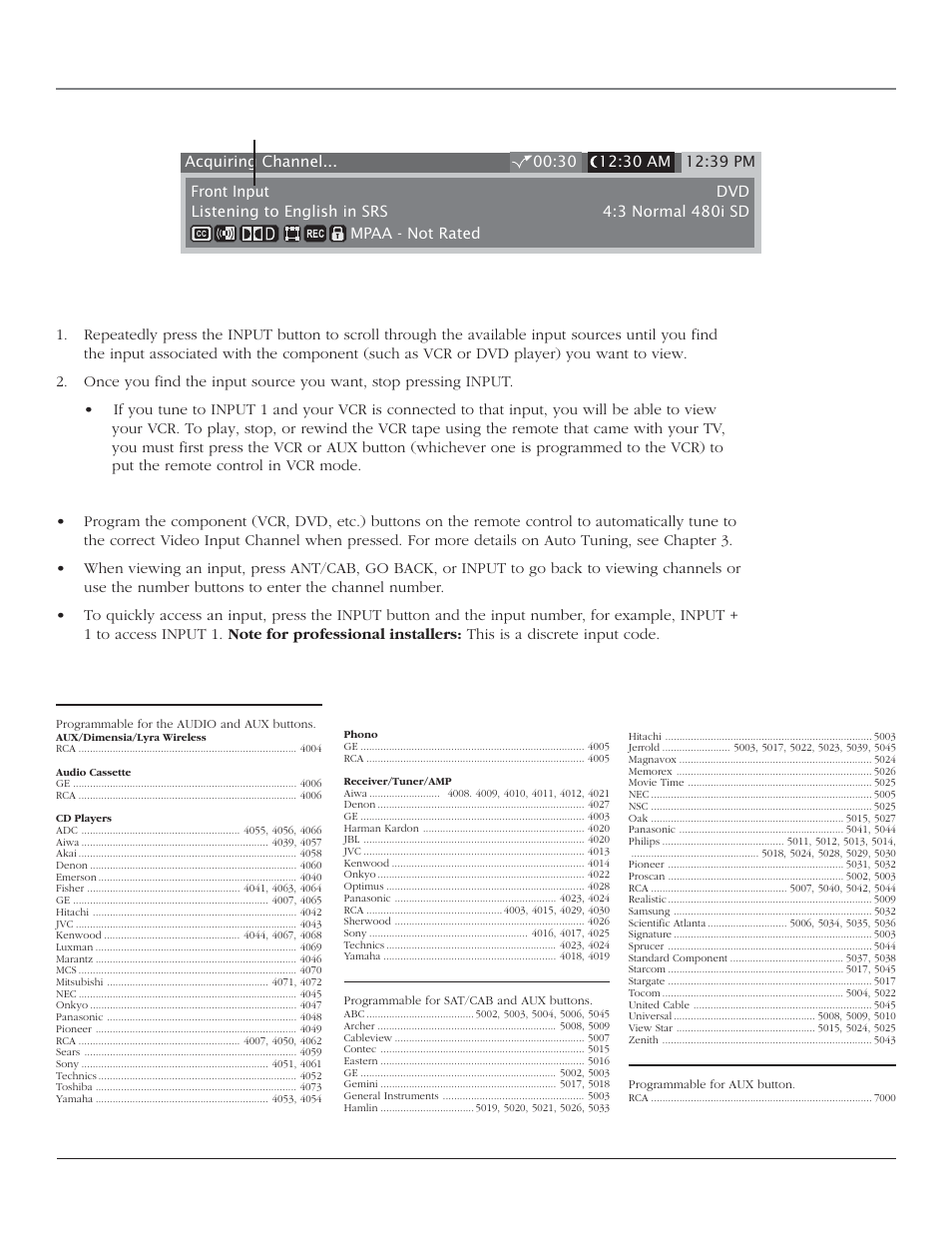 Using the remote control using the input button, Remote code list, Chapter 2 31 | RCA SCENIUM HDTV with DLP technology High-Definition Television User Manual | Page 33 / 80